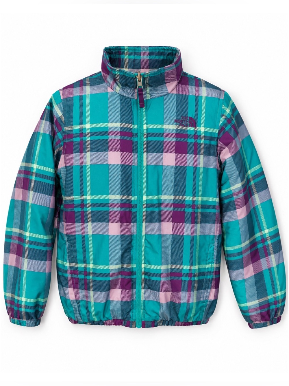 The North Face Purple & Teal Plaid Zip Up Puffer Winter Ski Jacket Girls L 14/16